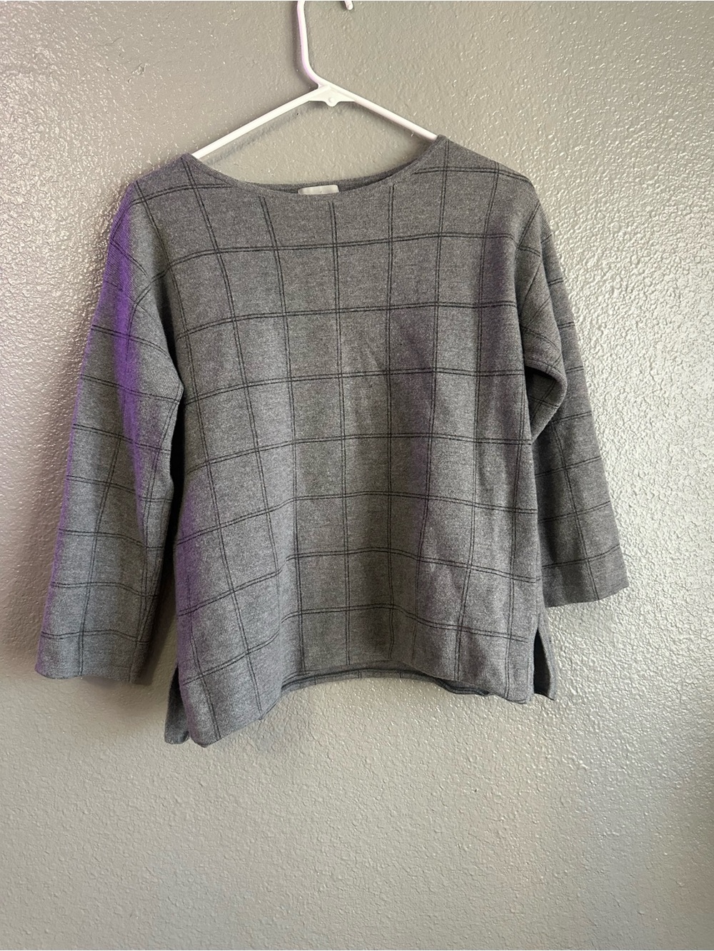Jigsaw Gray Windowpane Boxy Knit Sweatshirt 3/4 sleeves